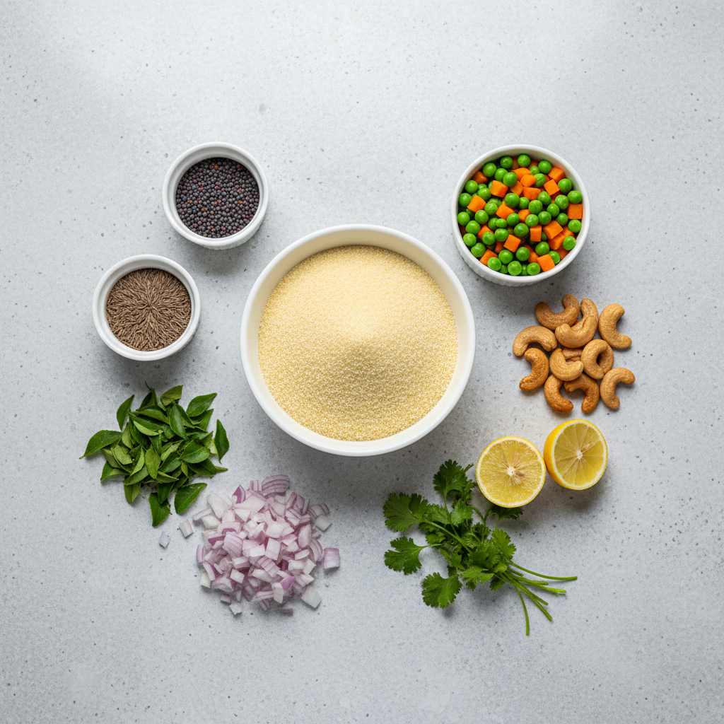 Upma ingredients and add-ins like peas, carrots, cashews, lemon, and curry leaves