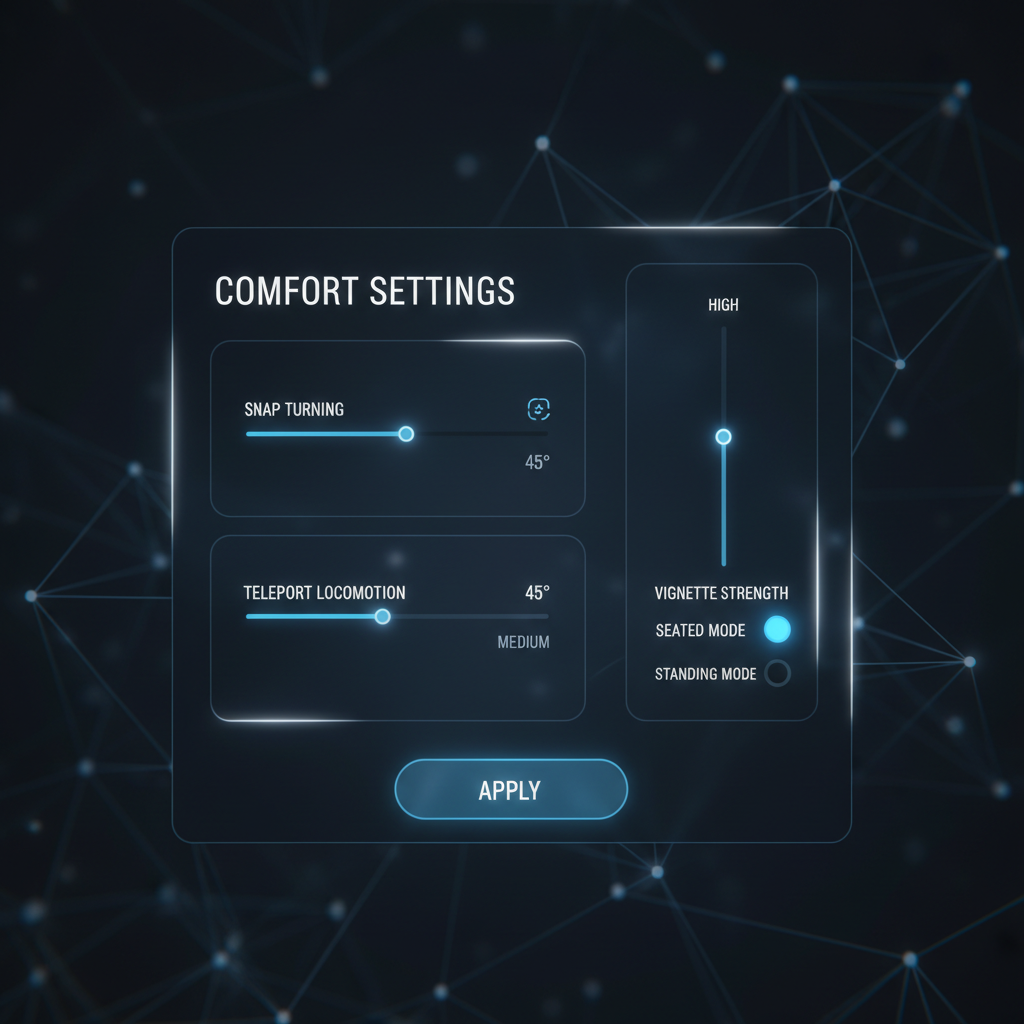Comfort settings menu for a VR game showing snap turn, vignette, and locomotion options