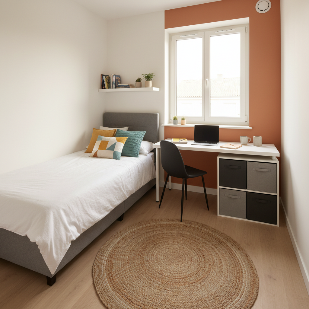 Small teen bedroom layout with budget-friendly storage and study zone