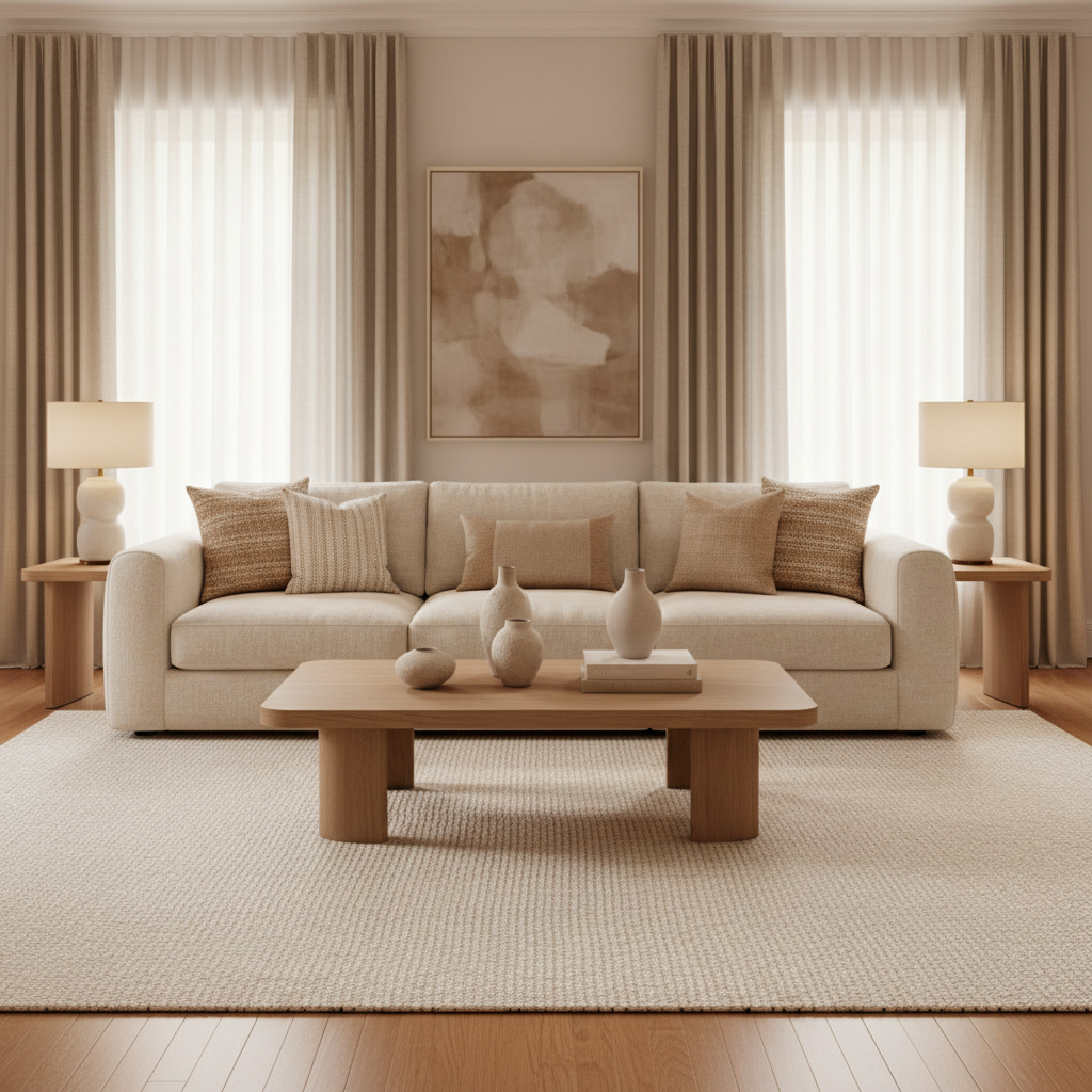 Warm neutral living room with layered textures and soft lighting