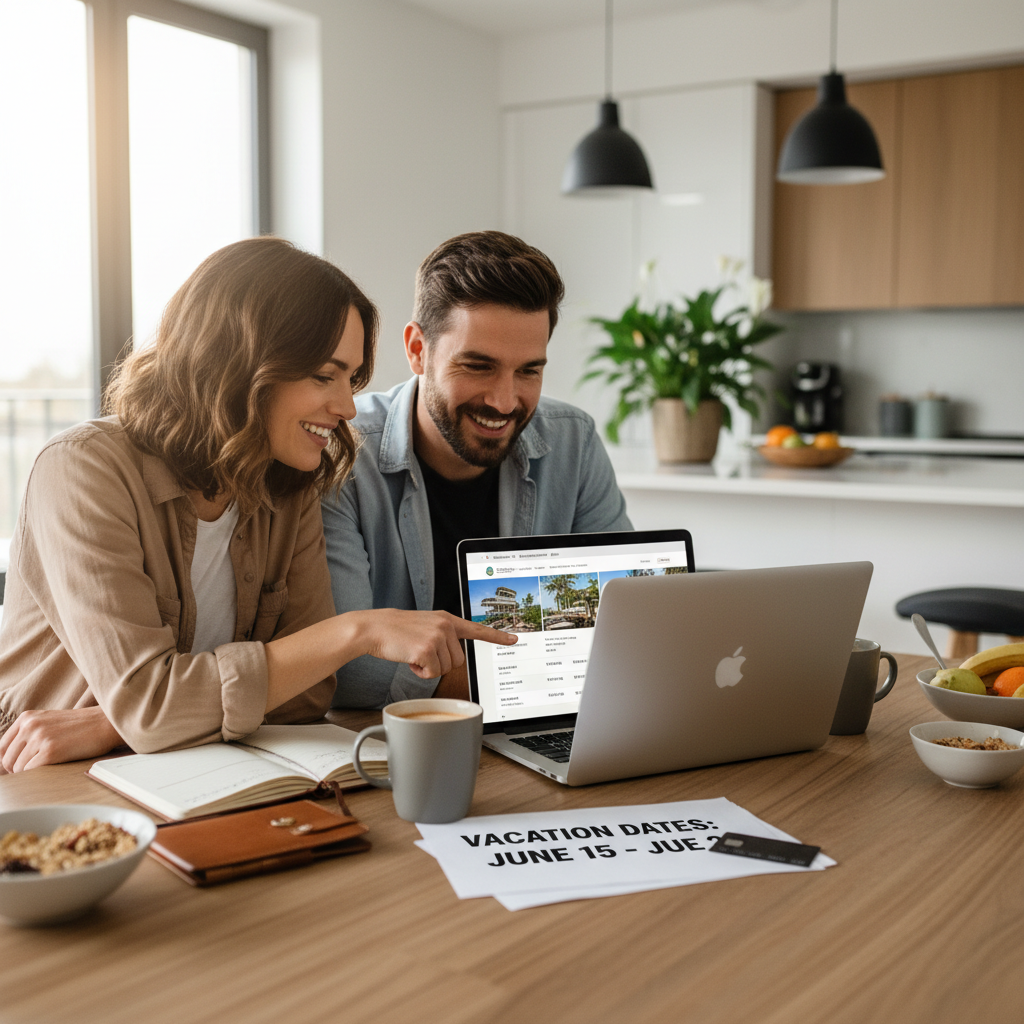 Couple comparing all inclusive resort options on laptop with vacation notes