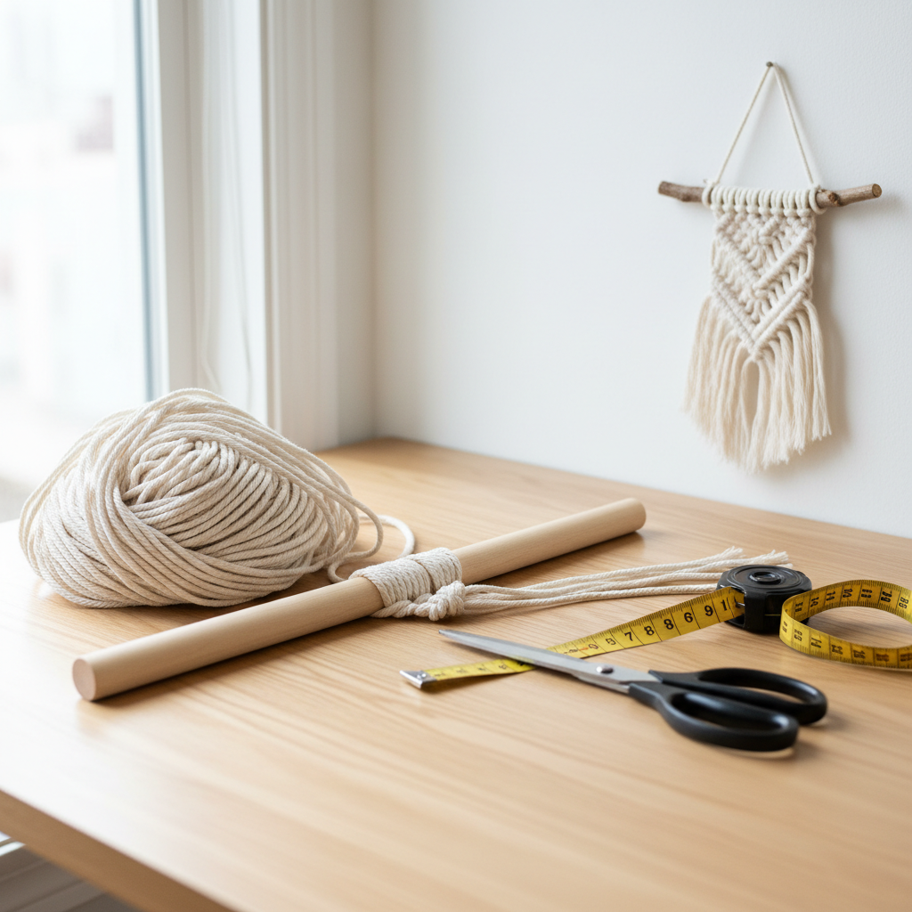 Beginner macrame wall hanging workspace with cotton cord and wooden dowel