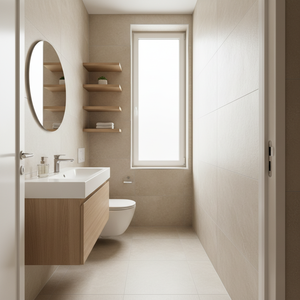 Small bathroom storage and layout ideas with floating shelves and wall-mounted vanity