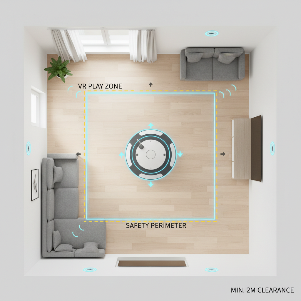VR play area safety layout with treadmill-style platform and boundary lines