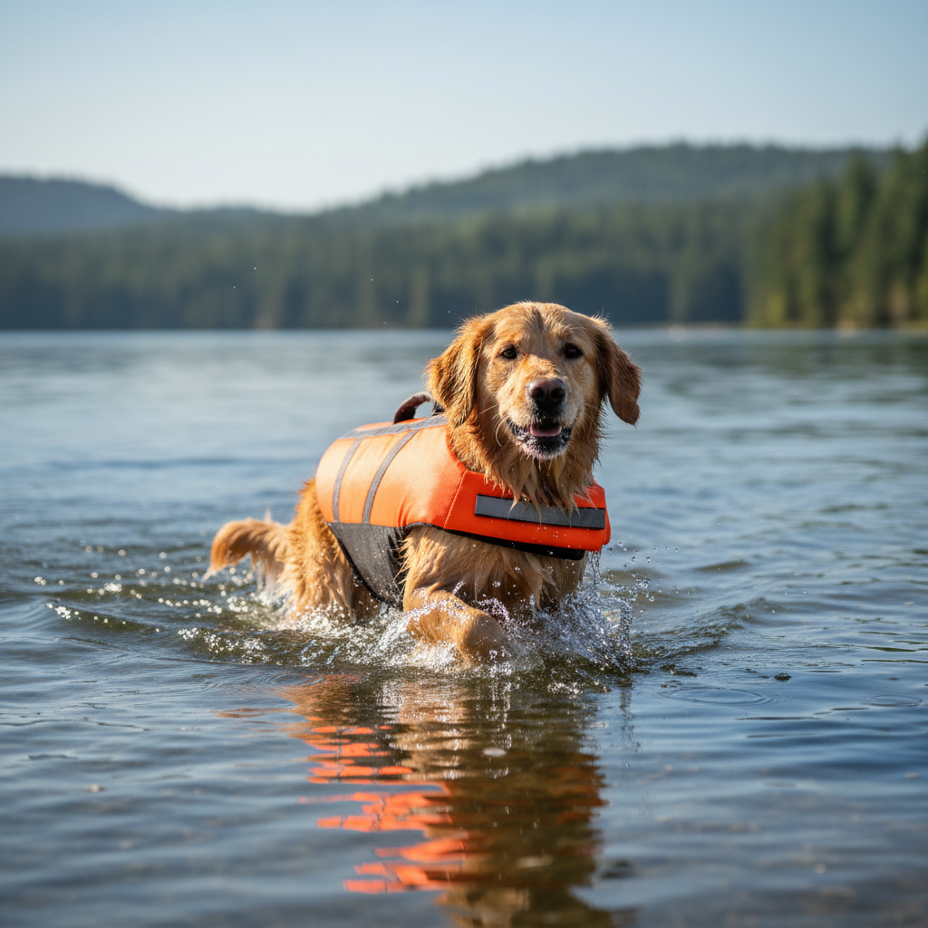 Dog wearing a life jacket while swimming in a calm lake