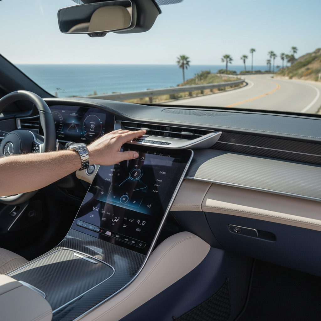 Driver adjusting car AC settings to cool the backseat faster