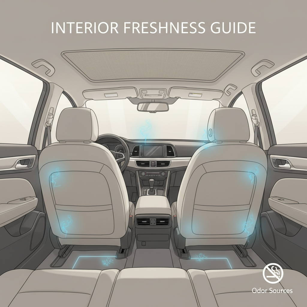 Car interior with smoke odor source areas like seats, vents, and headliner highlighted