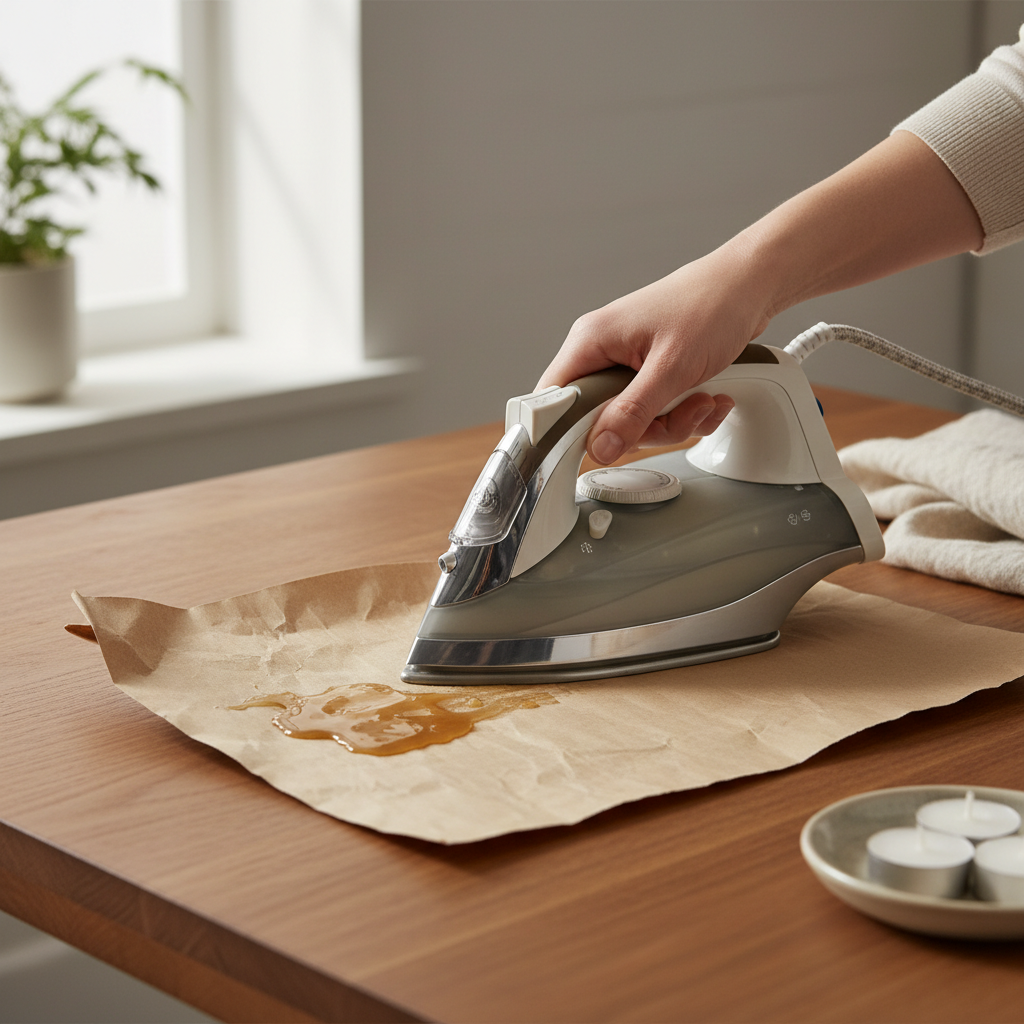Using a warm iron over brown paper to lift candle wax residue from furniture
