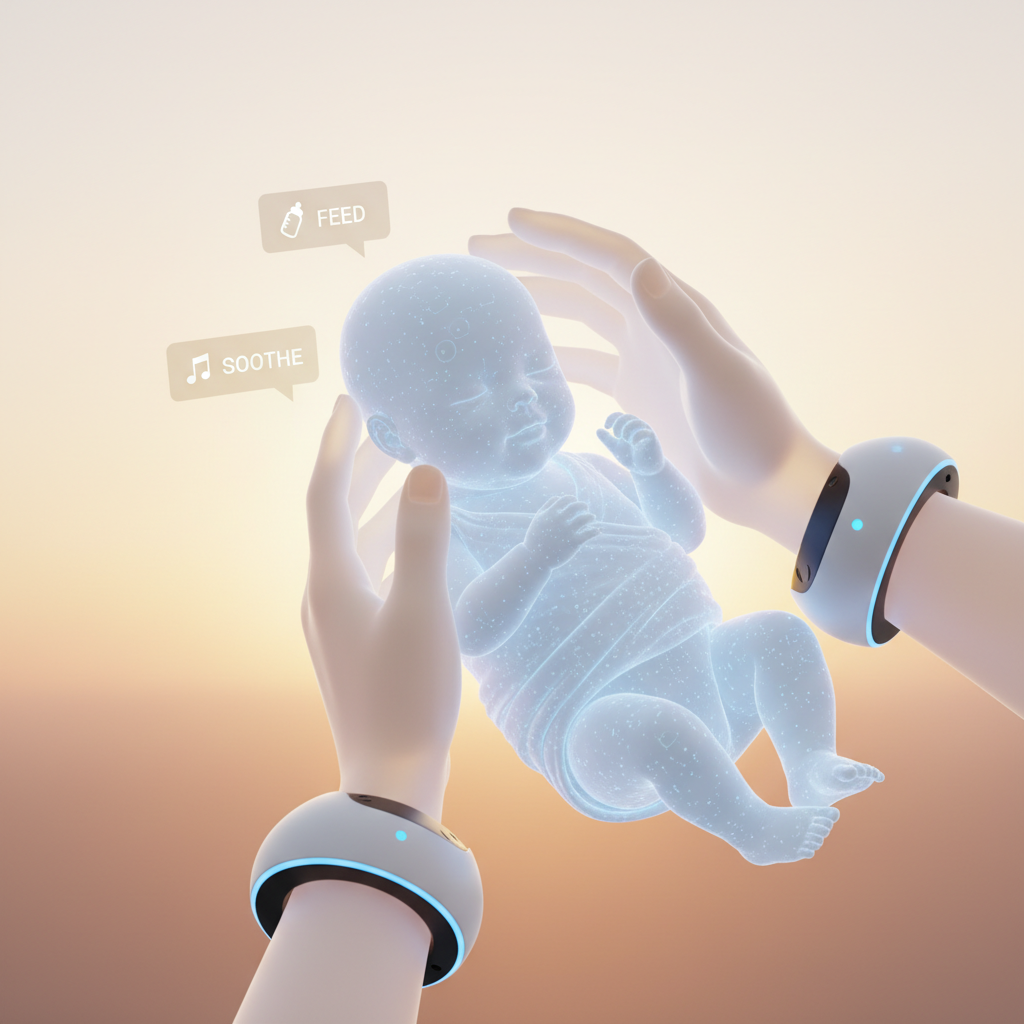 Close-up of VR hand controllers holding a virtual baby in a caregiving simulation