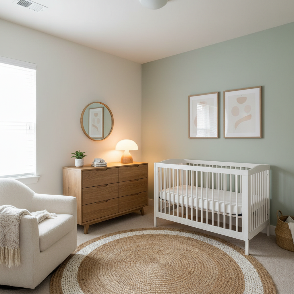Budget-friendly small nursery with neutral paint, simple accent wall, and warm lighting