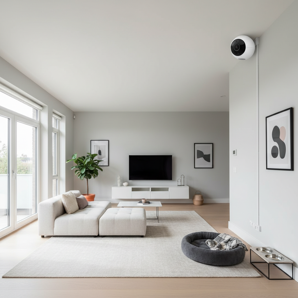 Pet camera installed high on a wall with safe cable management and wide room view