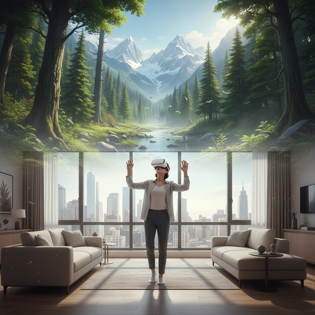 VR player exploring a forest nature scene in a headset