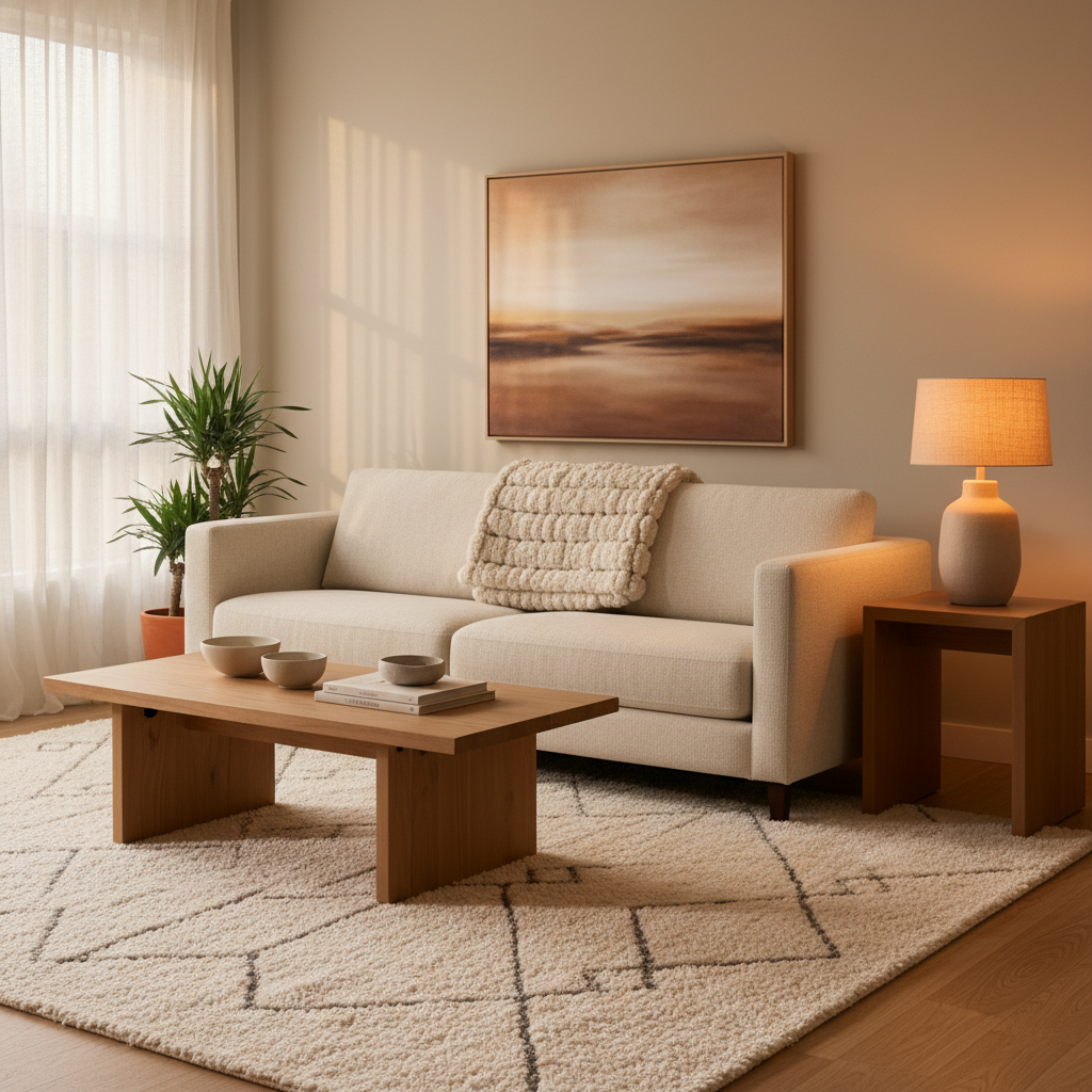 Minimalist living room with warm lighting and layered textiles