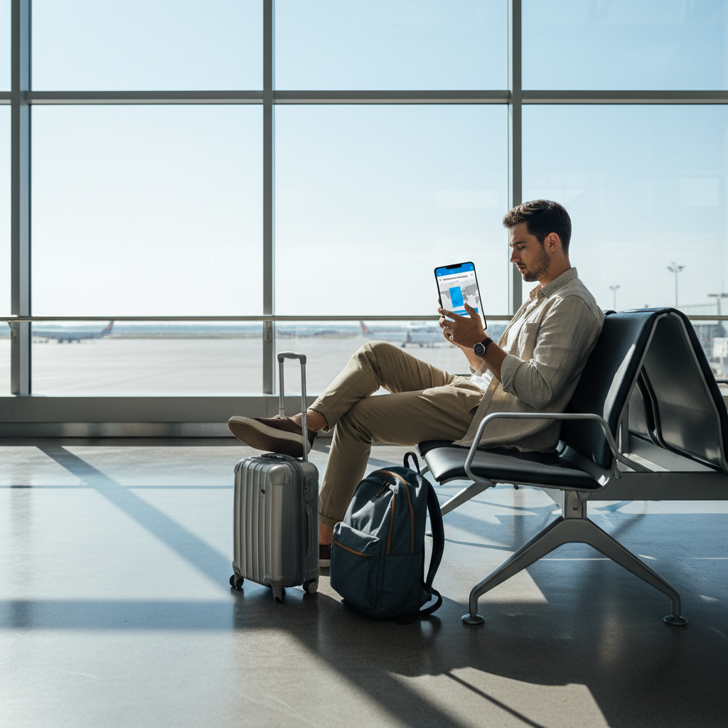 Traveler downloading Google Maps offline areas on a smartphone before a trip