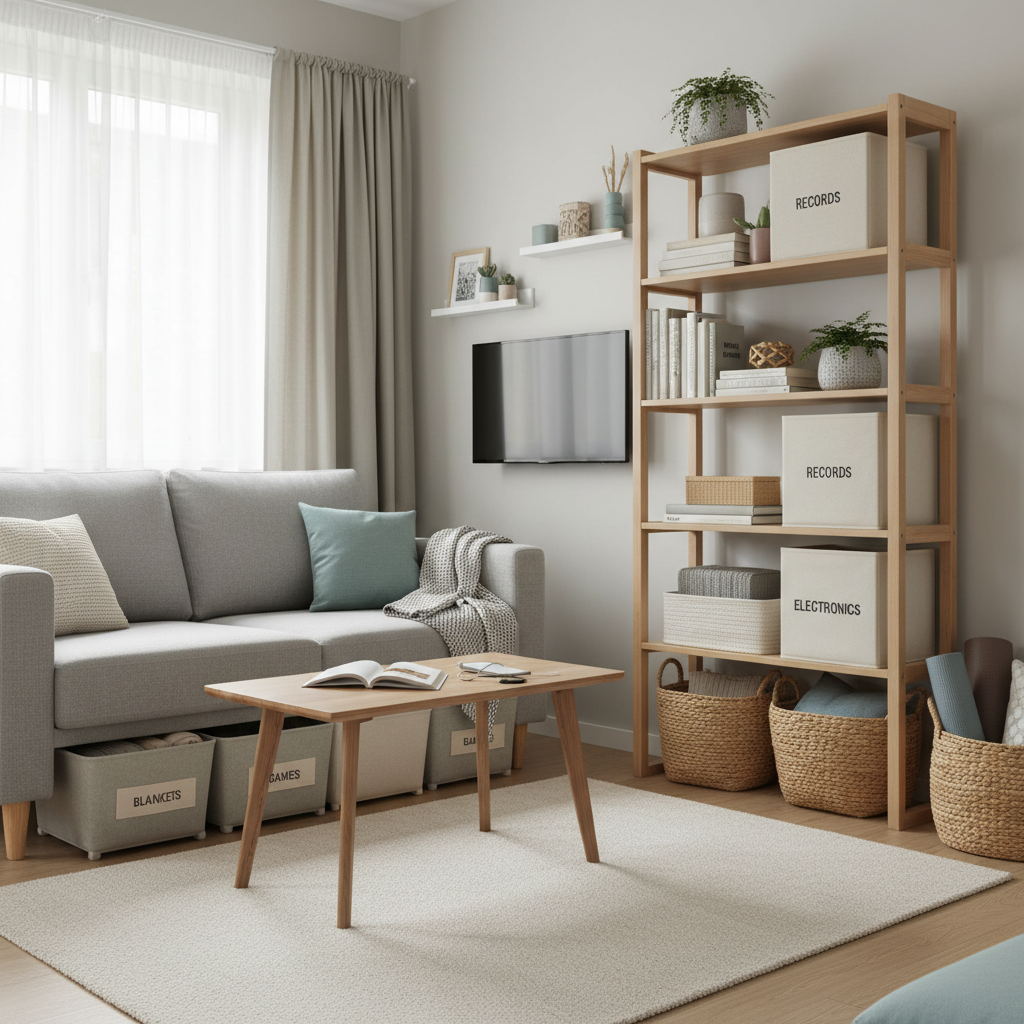 Renter-friendly small apartment storage setup with shelves and bins