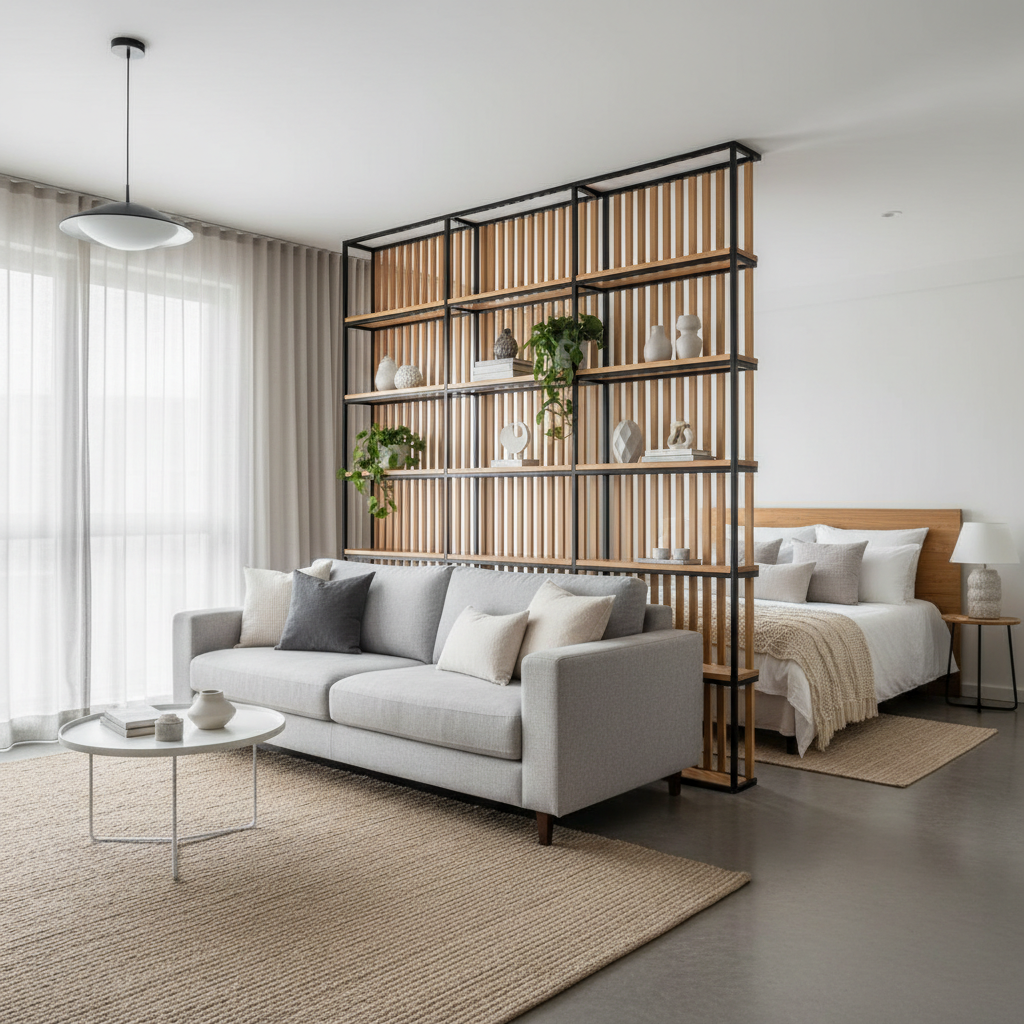 Studio apartment zoning with rug, sofa, and open shelving divider