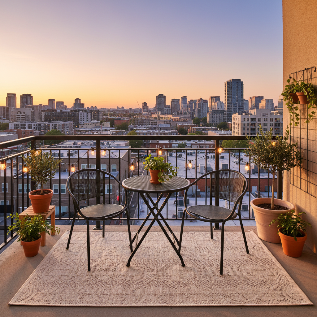Budget apartment balcony with compact seating and string lights