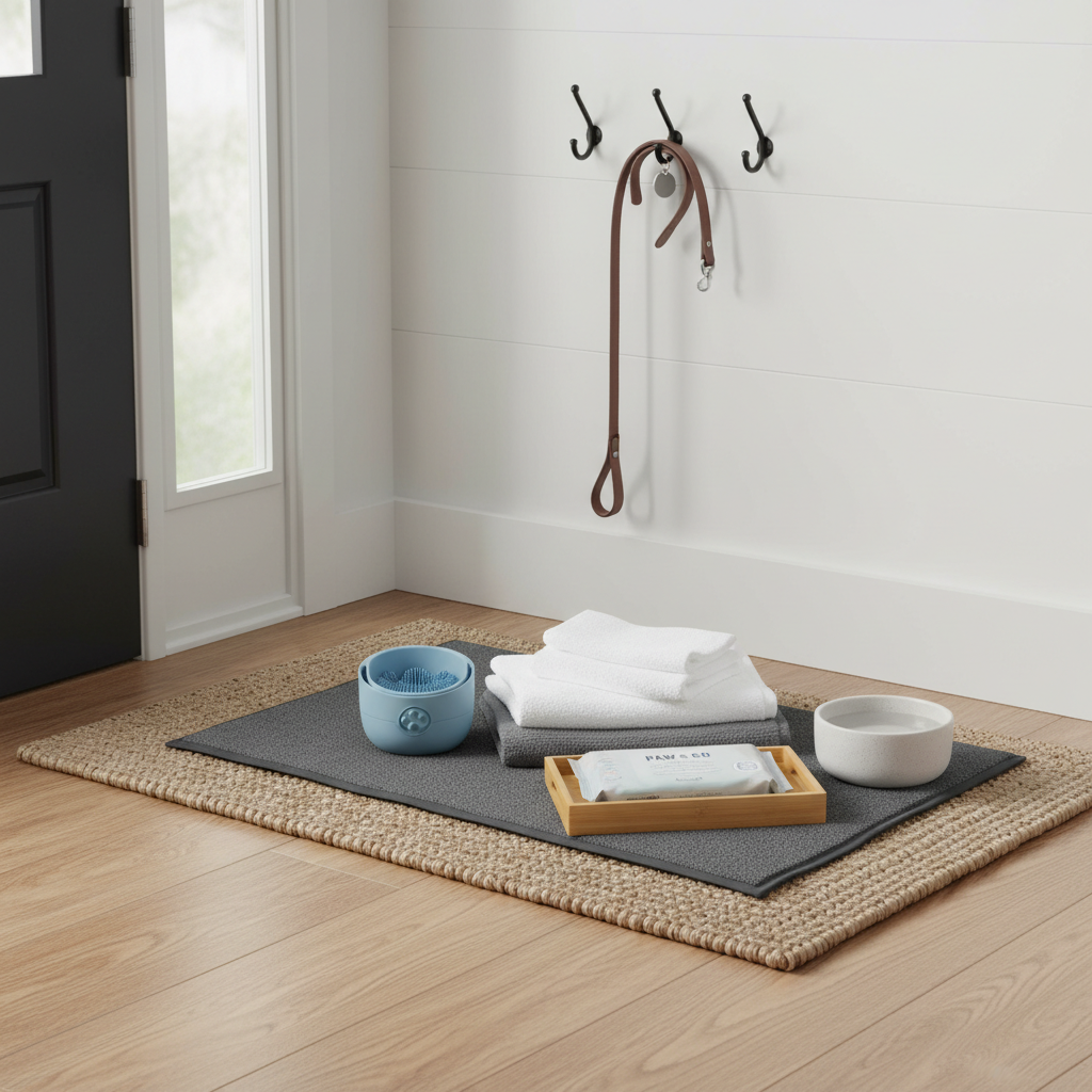 Dog paw cleaning station with towel wipes and paw washer by the door