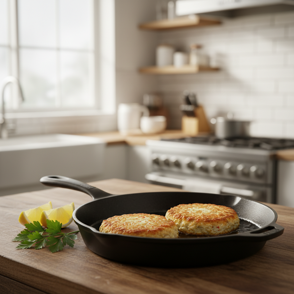 Golden crispy crab cakes in a skillet with lemon wedges