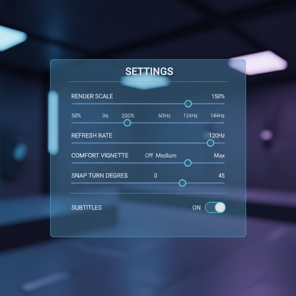 VR settings screen showing comfort and performance options