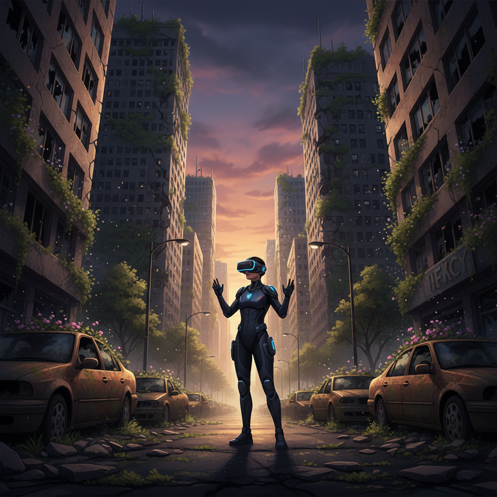 Player exploring a ruined city in a VR post apocalyptic game