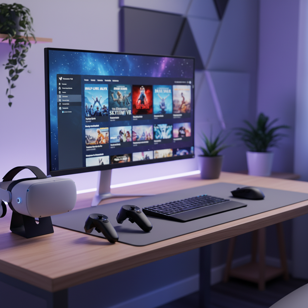 SteamVR library on a gaming PC with VR headset and controllers
