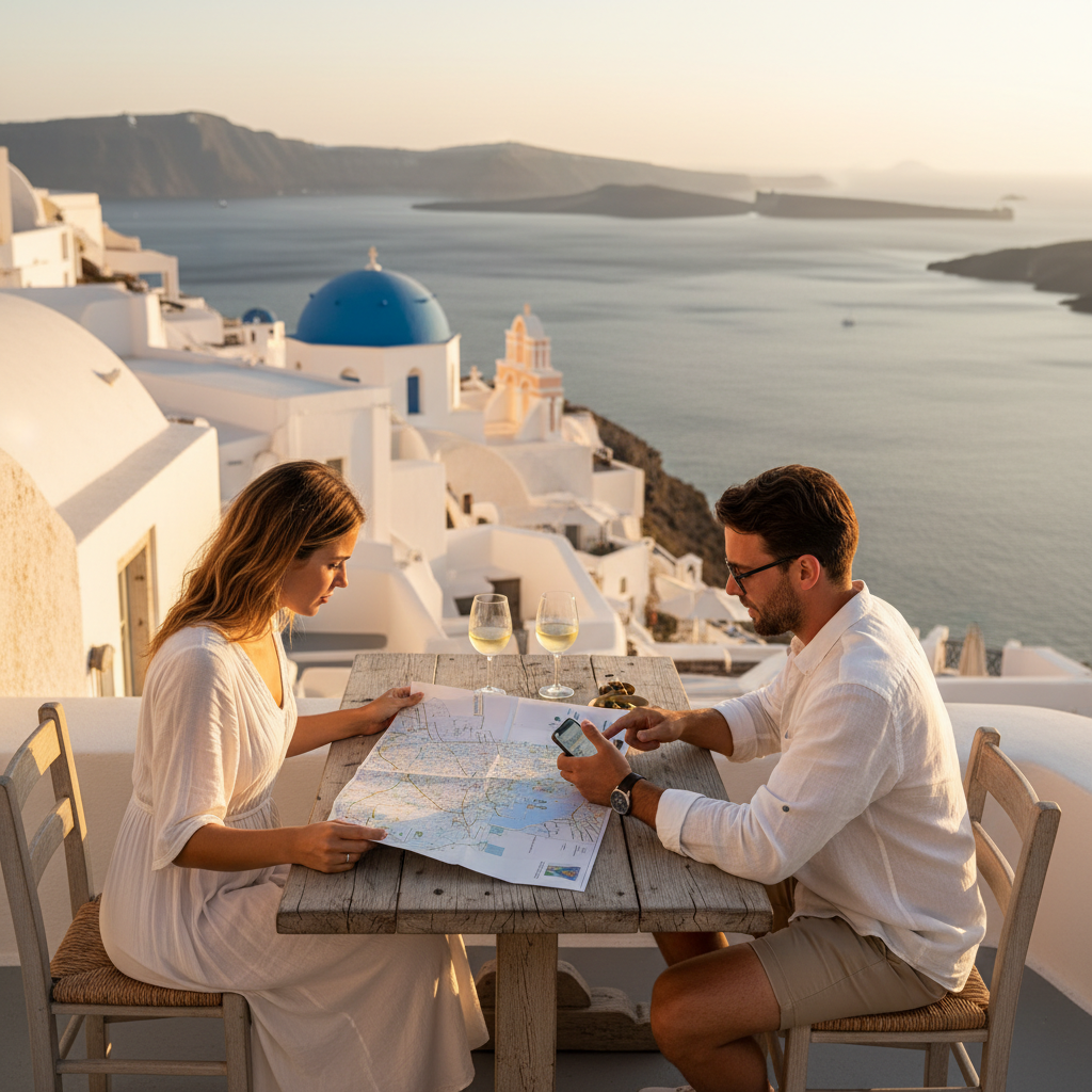Santorini caldera view with travelers planning a Greece itinerary