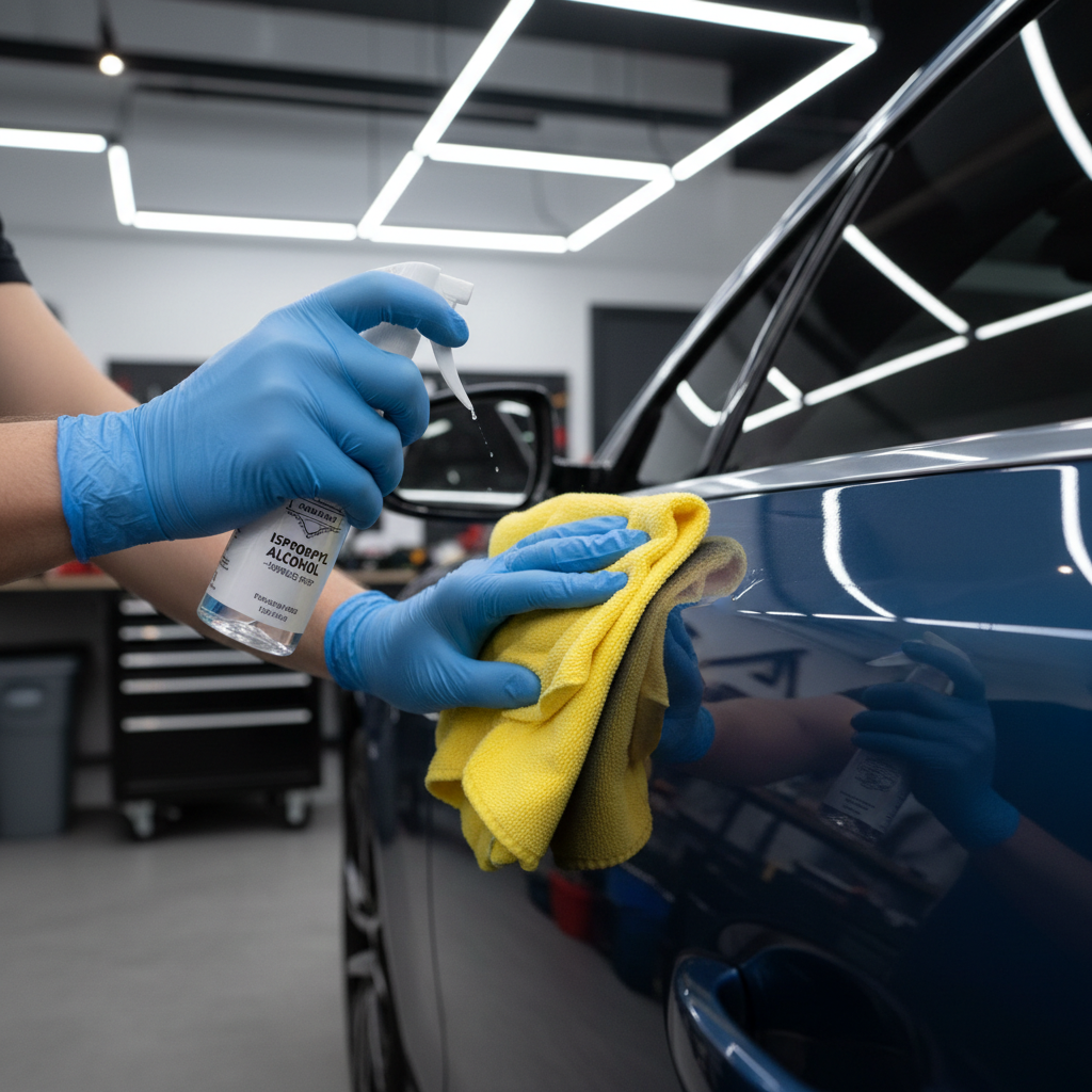 Cleaning and degreasing a small paint chip on a car before applying touch up paint