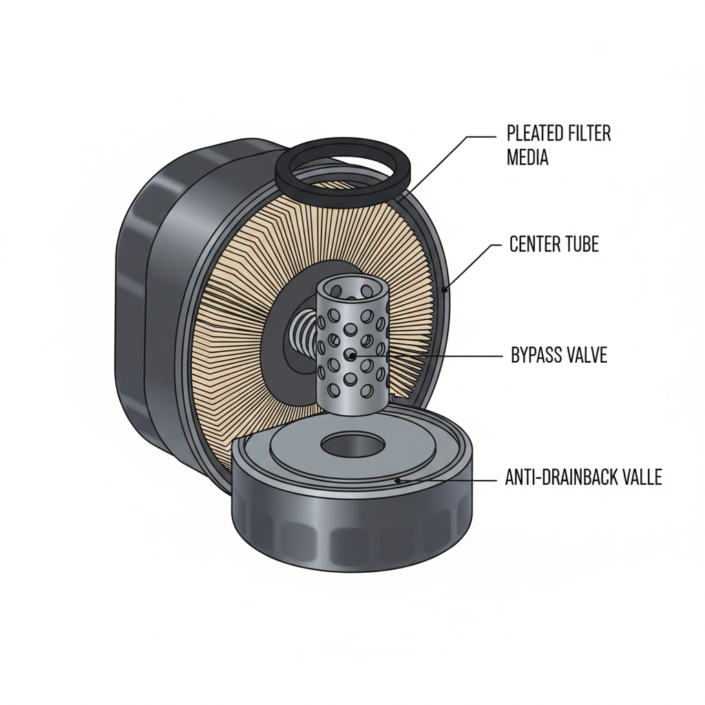 Cutaway view of oil filter media showing pleats and anti-drainback valve