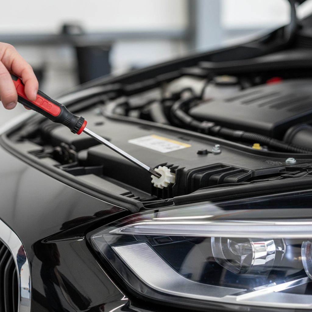 Close-up of headlight adjustment screw and screwdriver on a modern car headlamp housing