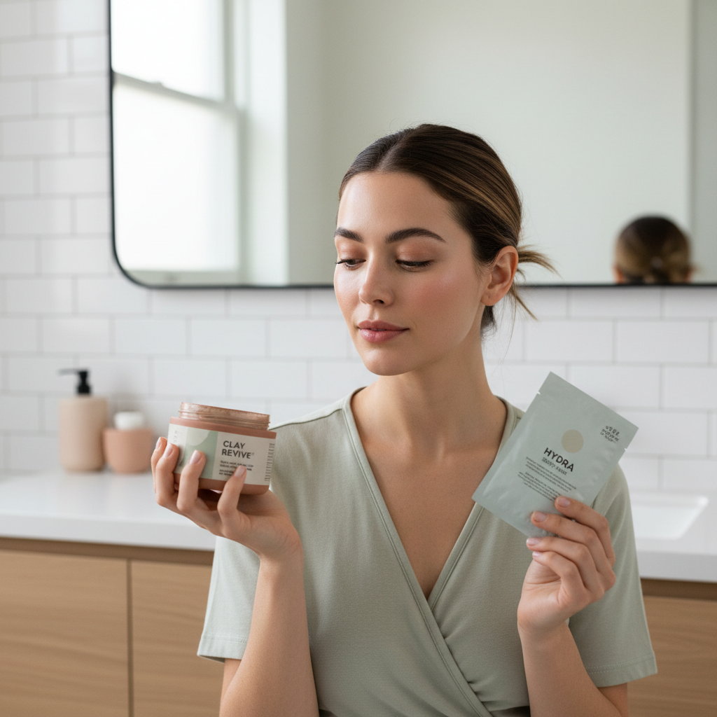 Woman comparing clay mask and hydrating sheet mask for glowing skin routine