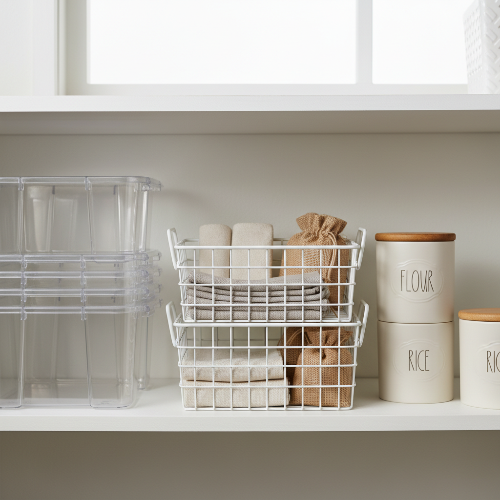 Comparison of pantry bin materials: clear plastic bins, wire baskets, and labeled containers on shelves