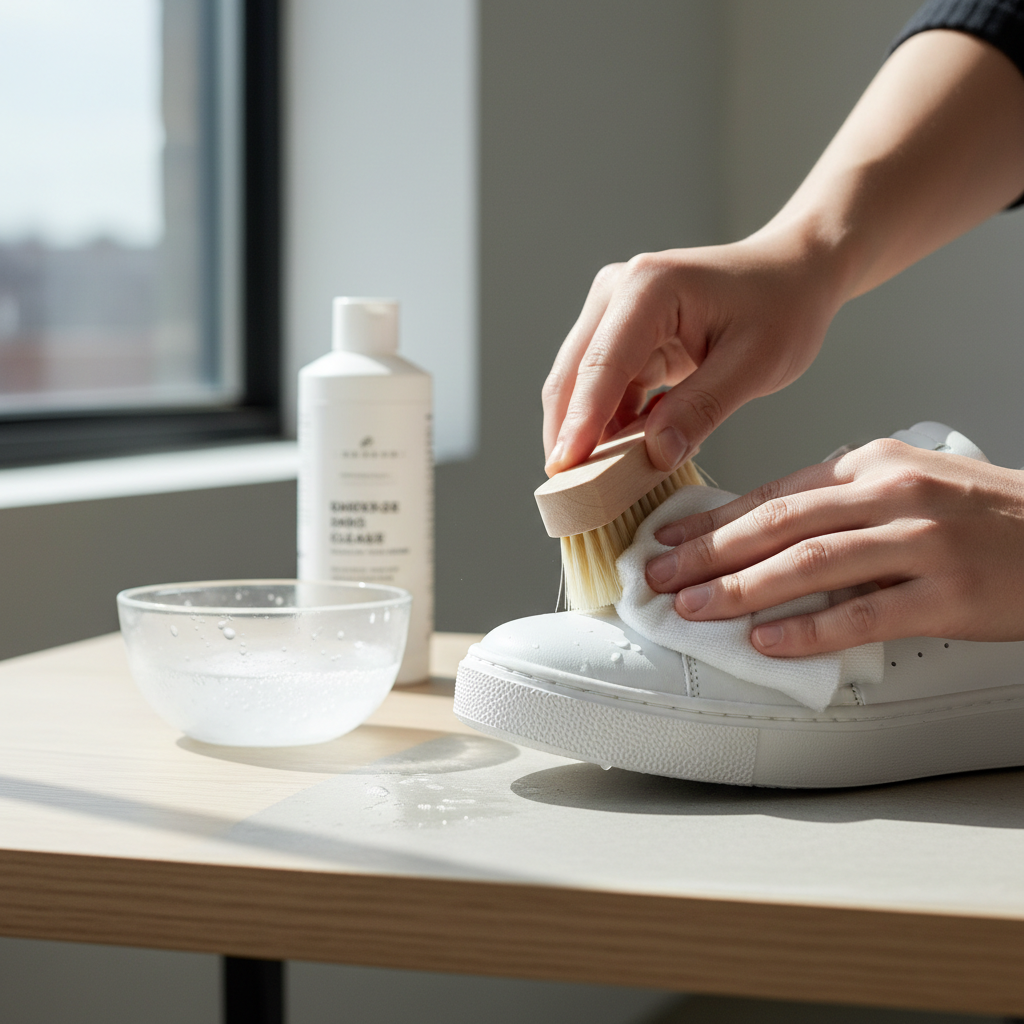 Hand cleaning white sneaker midsole with brush and microfiber cloth