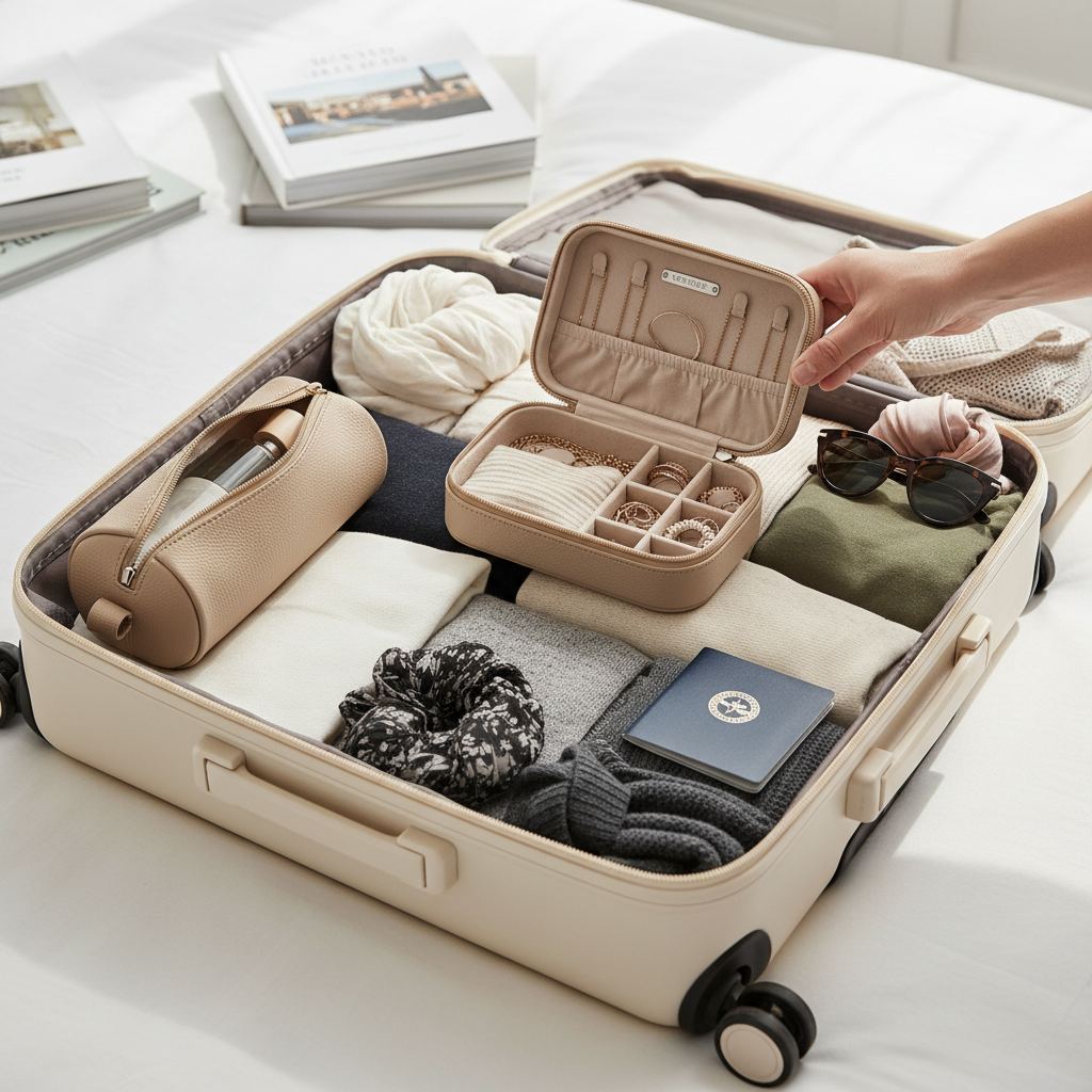 Traveler packing a jewelry organizer safely in the middle of a carry-on suitcase