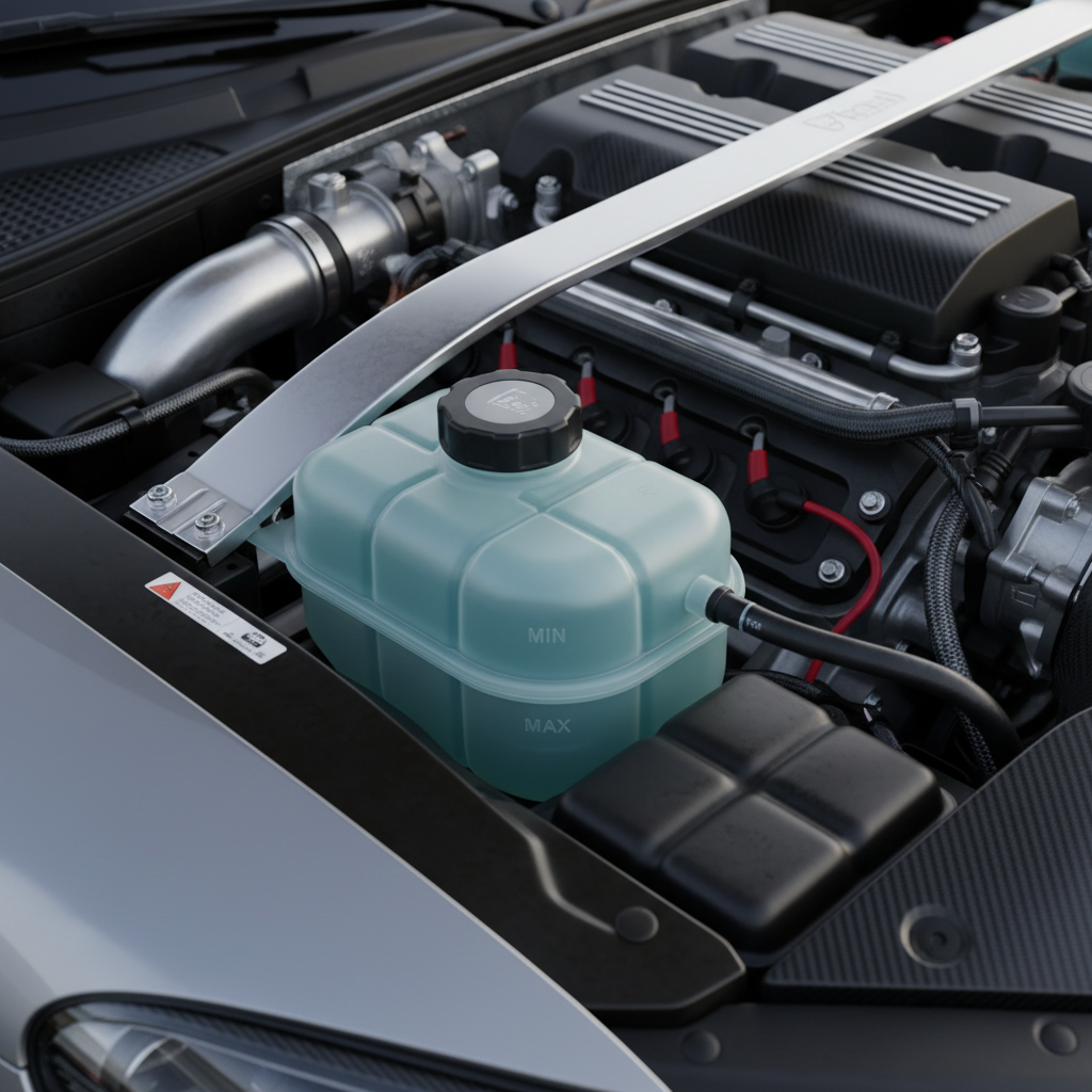 Close-up of engine bay coolant reservoir showing MIN and MAX level markings