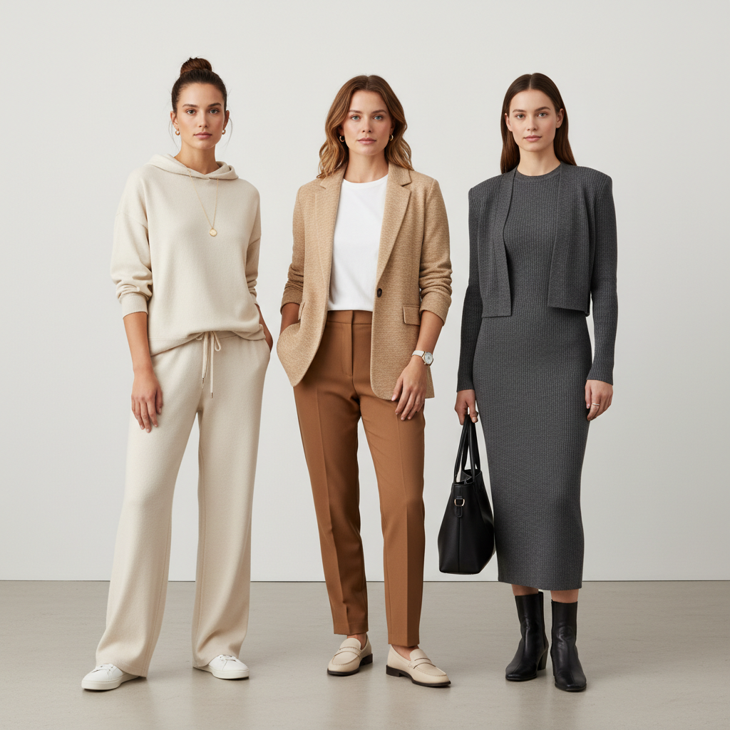 Three work-from-home outfit tiers for women: casual, business casual, client-ready