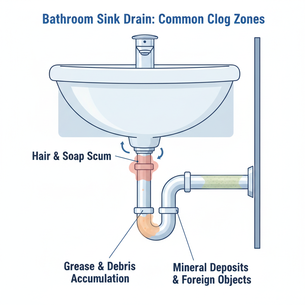 Diagram-style view of a sink P-trap and drain line showing where clogs form