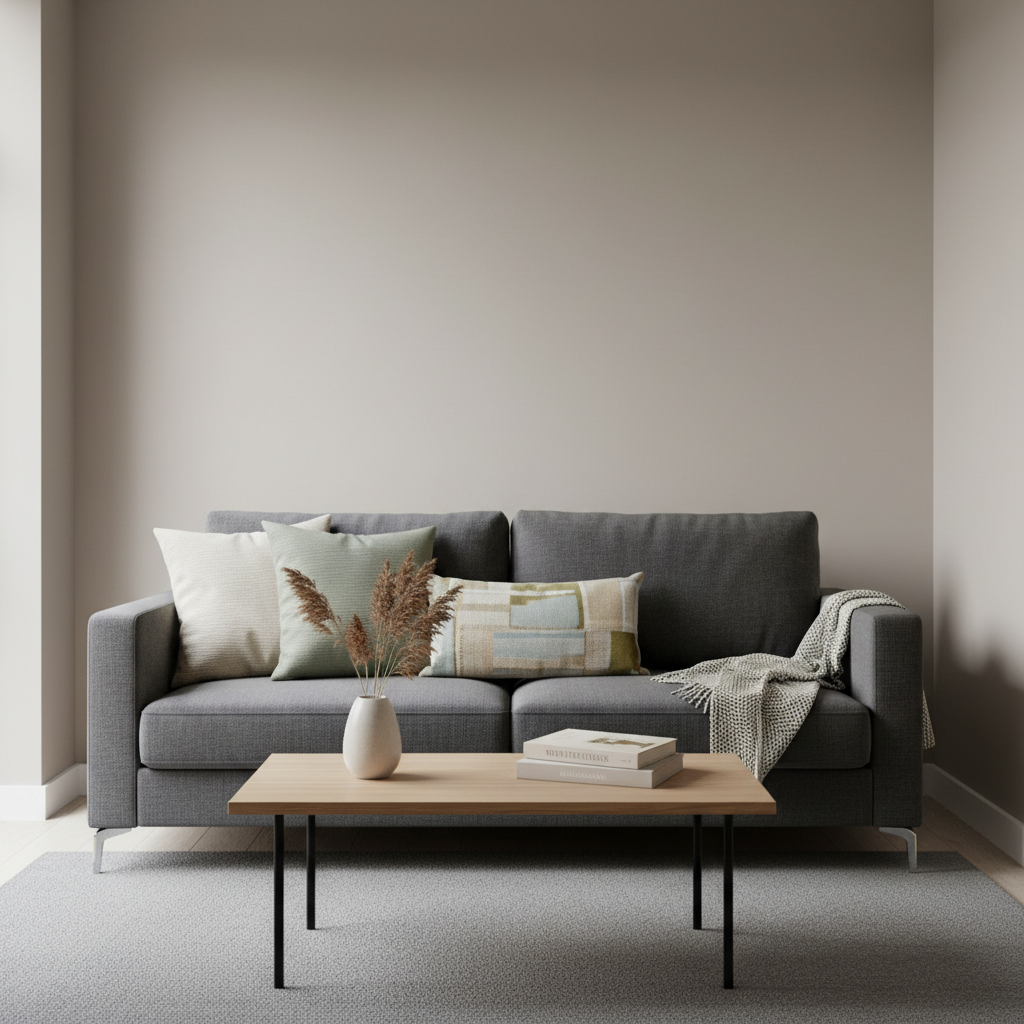 Small living room sofa styled with throw pillows in balanced sizes and colors
