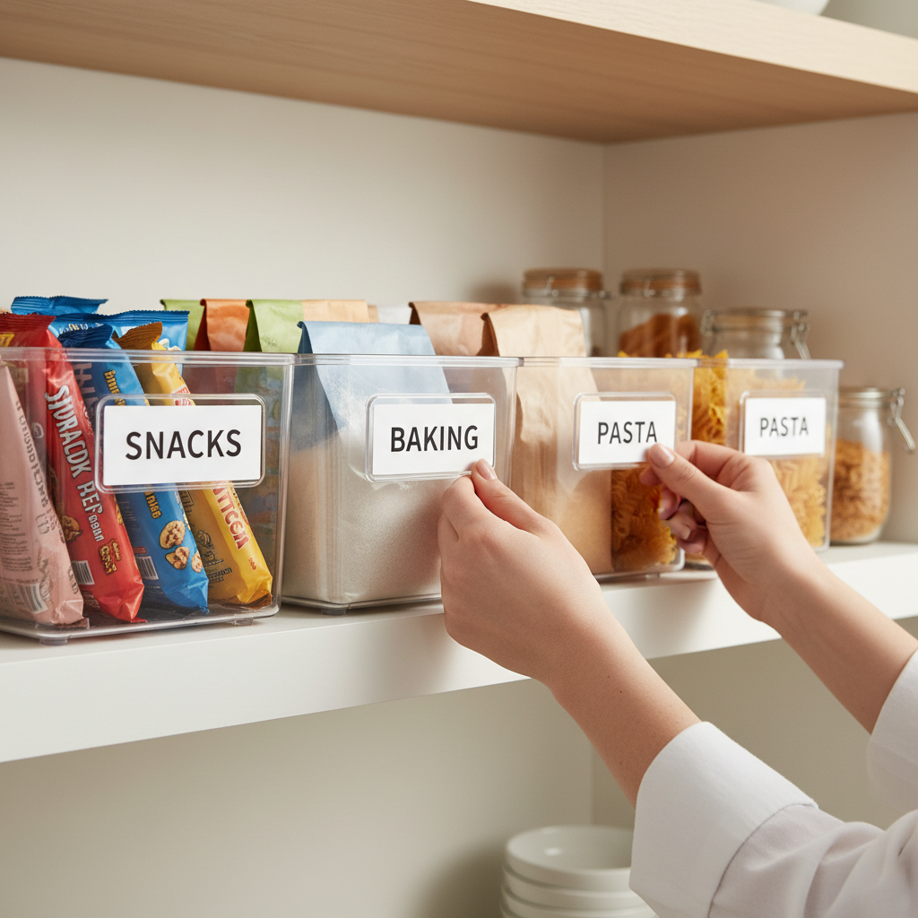 Hands labeling clear stackable pantry bins with simple category labels on shelves
