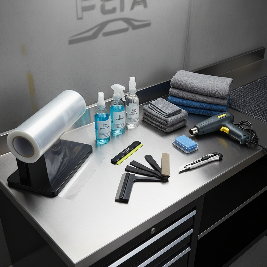 DIY paint protection film installation tools laid out on a garage workbench