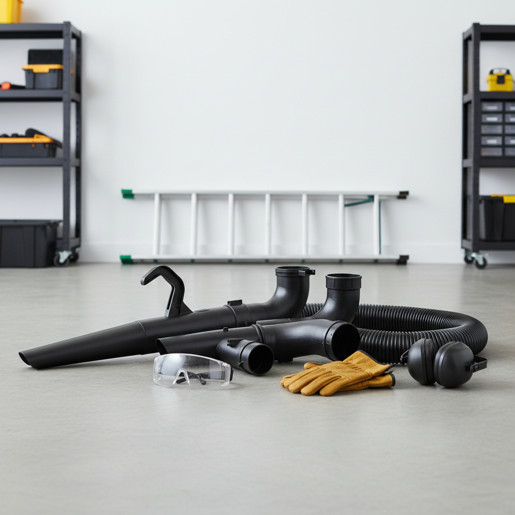 Leaf blower gutter cleaning attachment kit laid out with safety gear