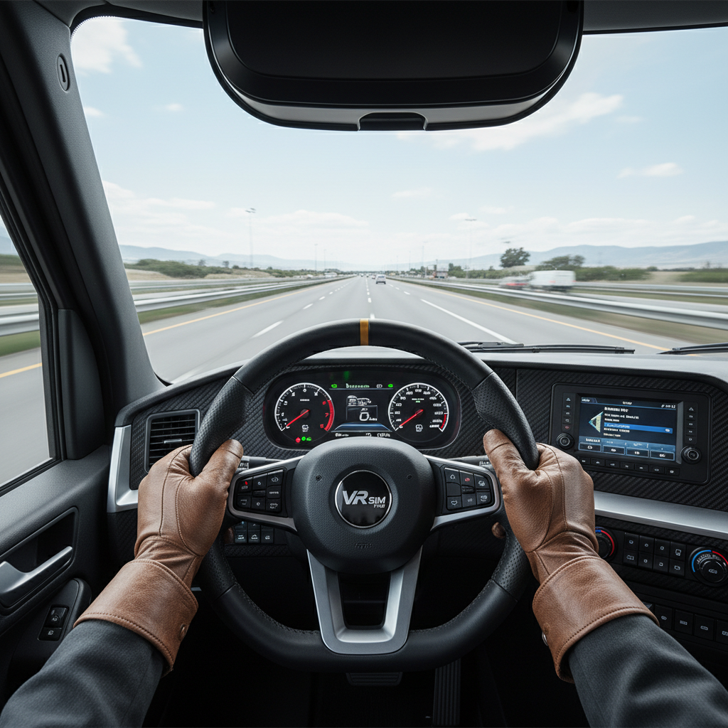 VR truck simulator cockpit view with highway driving and steering wheel
