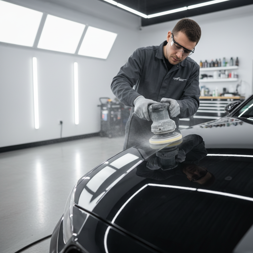 Detailer polishing a car panel to remove clear coat scratches
