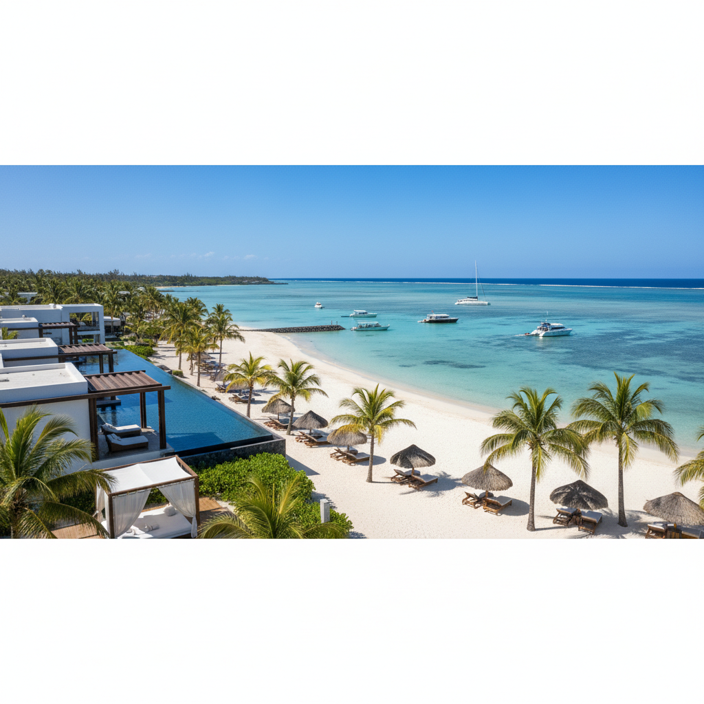 Luxury beachfront resort in Mauritius with lagoon and palm trees