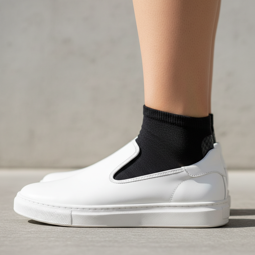 No-show socks worn with white sneakers showing low-cut profile and heel grip
