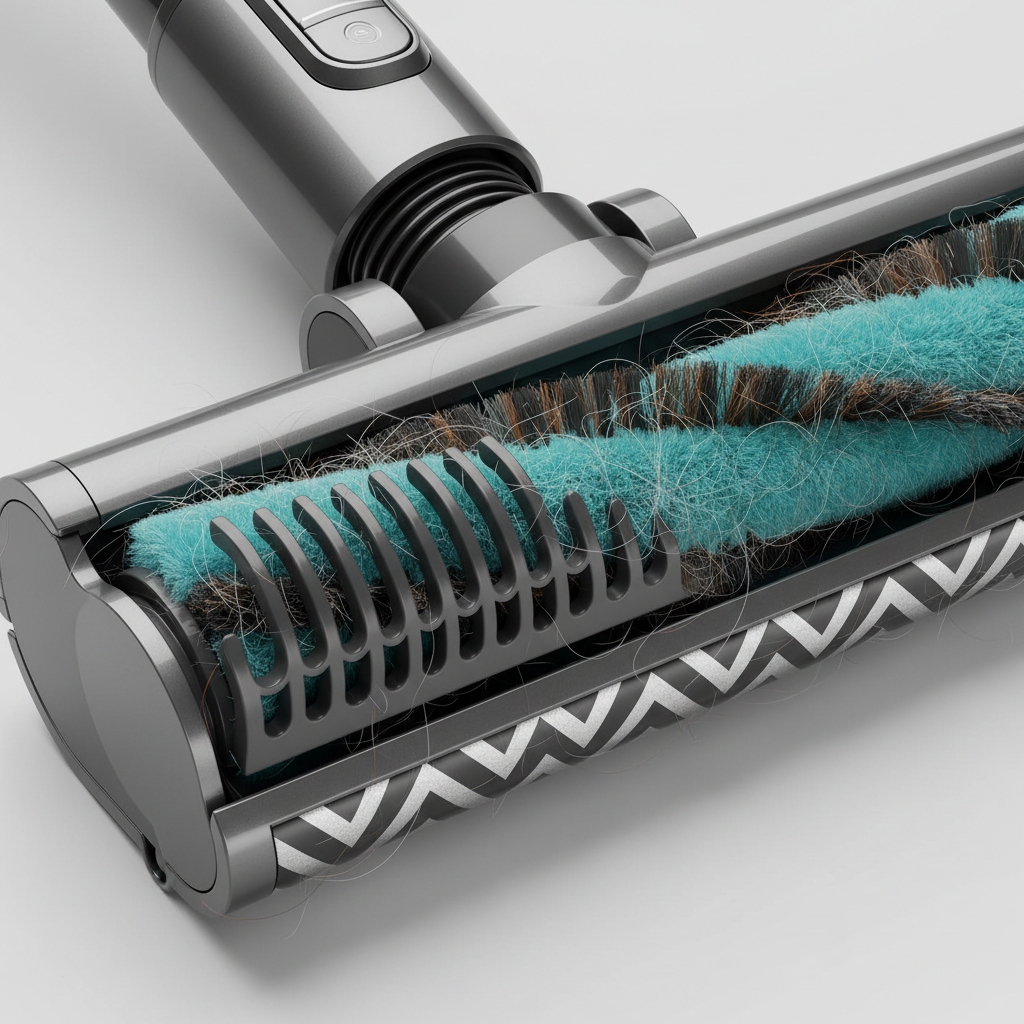 Close-up of vacuum brush roll with pet hair and anti-tangle design