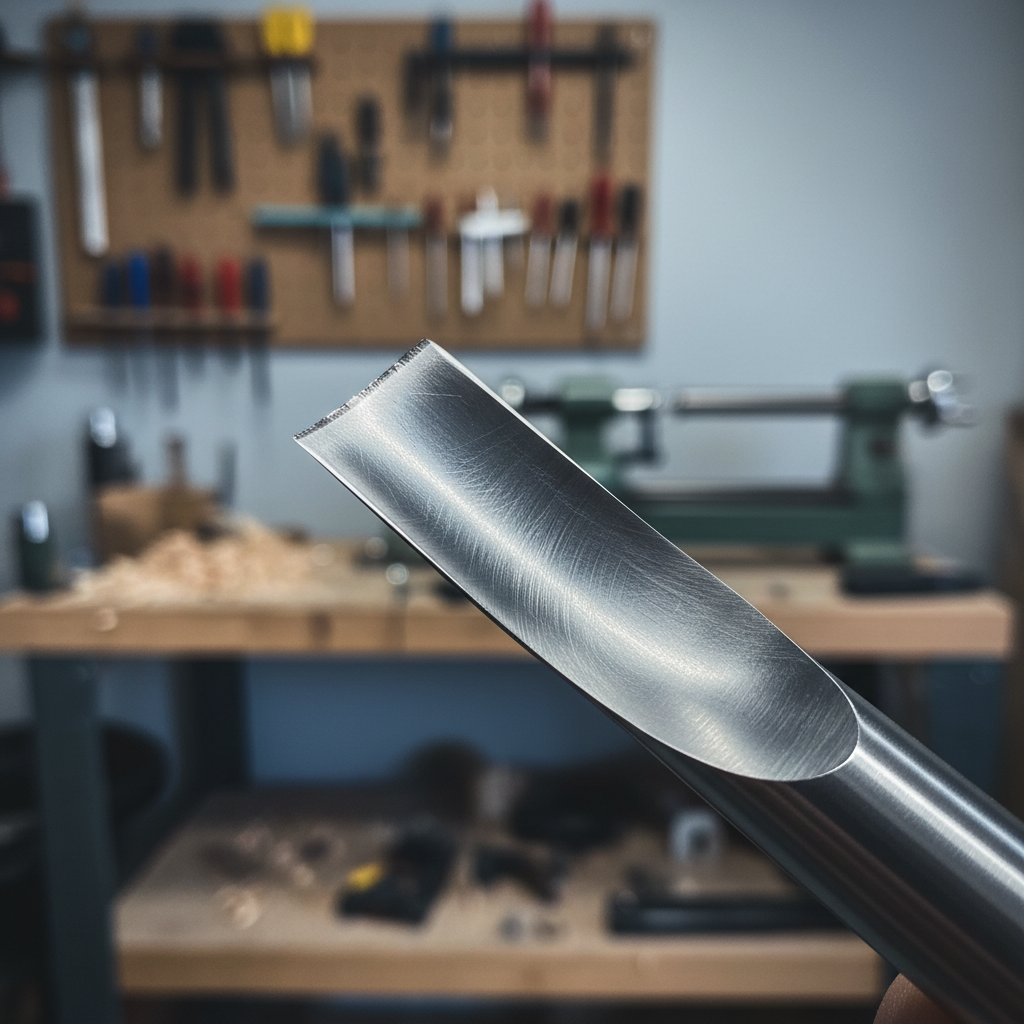 Close-up of a bowl gouge edge showing bevel and burr under workshop lighting