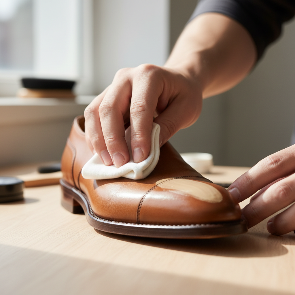 Applying cream shoe polish to a brown leather shoe with a cloth