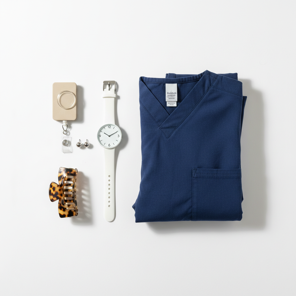 Minimal scrub accessories like badge reel, watch, and simple earrings