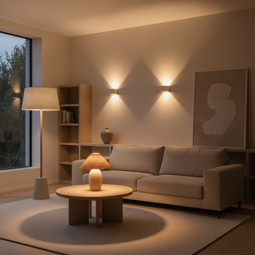 Neutral living room lighting layers with table lamps and warm bulbs